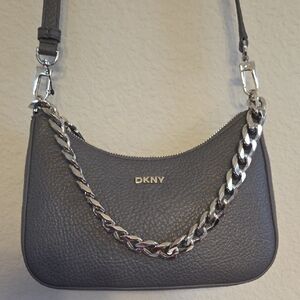 DKNY Charcoal Leather Shoulder Bag with Silver Chain- BRAND NEW